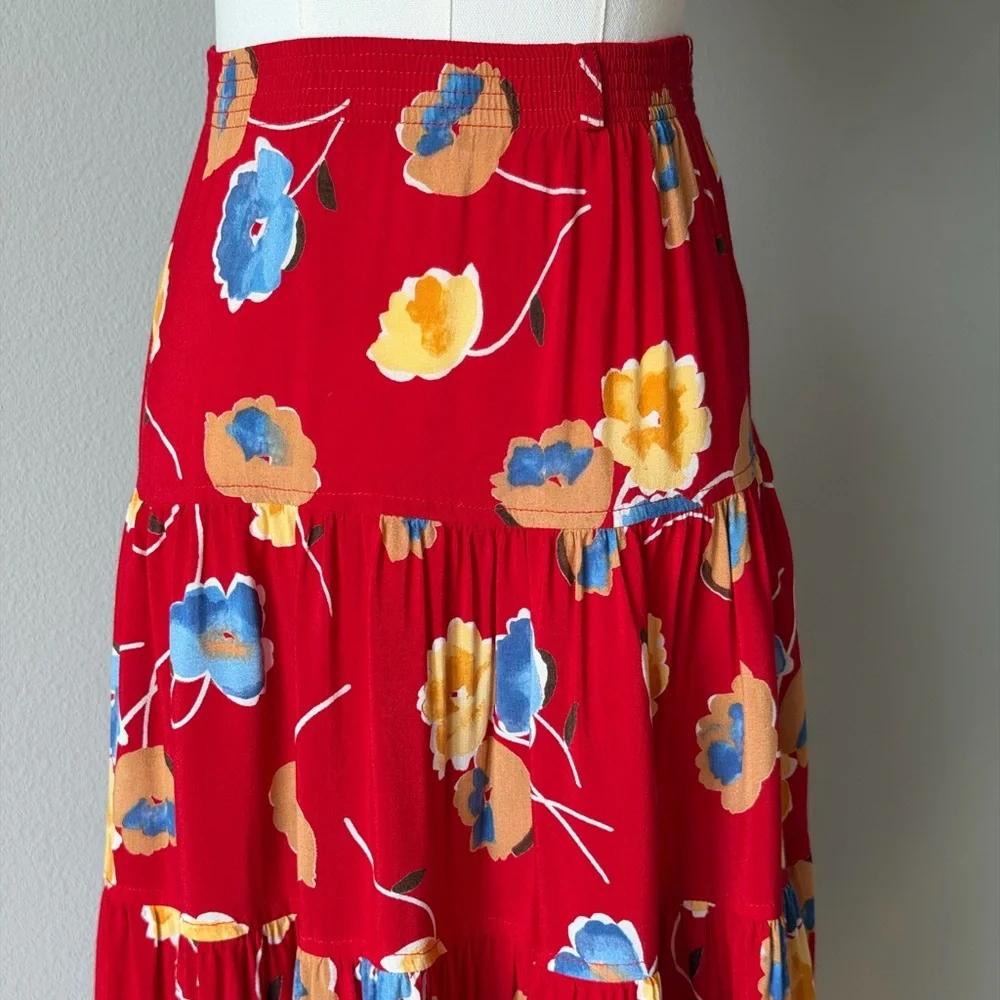 Gotca Covered Boho Vintage Rayon Floral Red Peasant Maxi Skirt - Made in USA